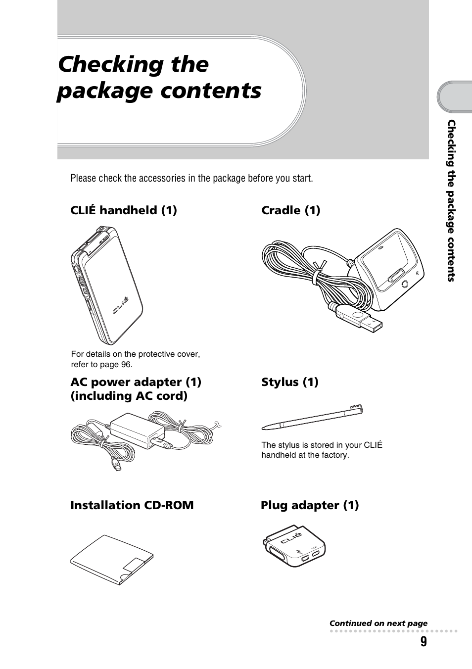 Checking the package contents | Sony PEG-TG50 User Manual | Page 9 / 100