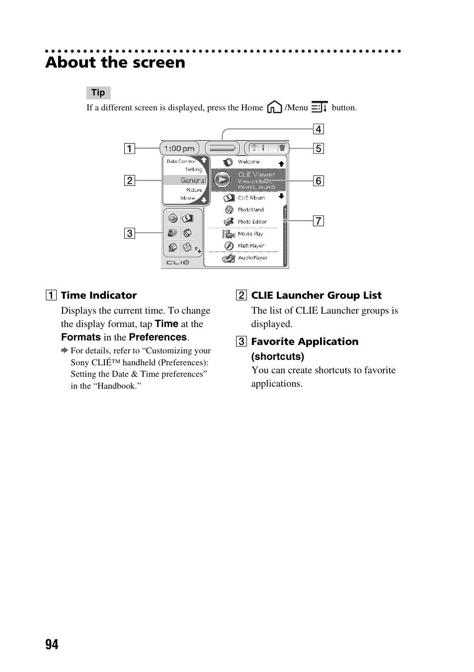 About the screen | Sony PEG-TG50 User Manual | Page 94 / 100