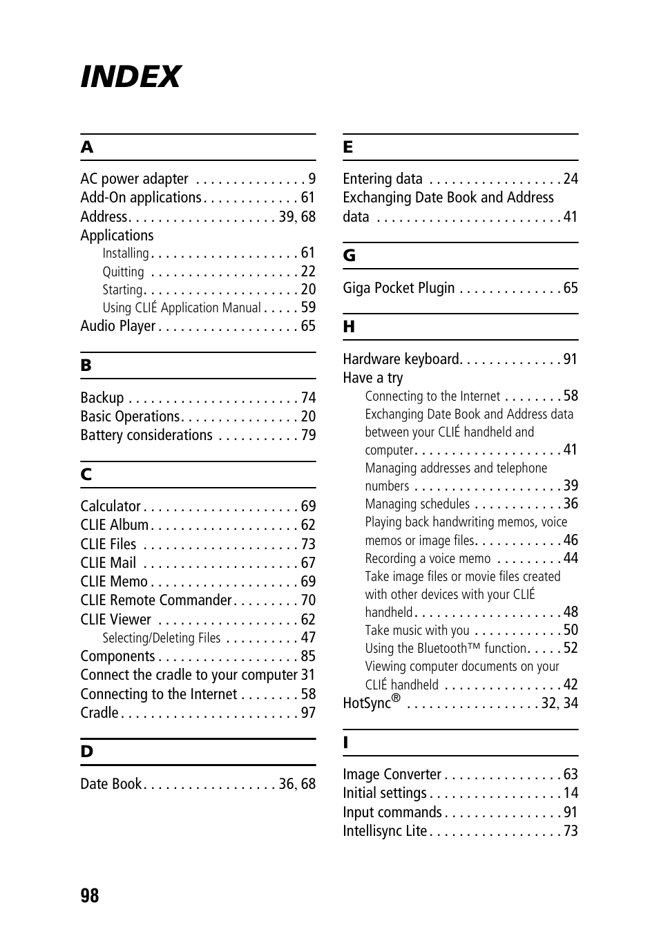 Index | Sony PEG-TG50 User Manual | Page 98 / 100