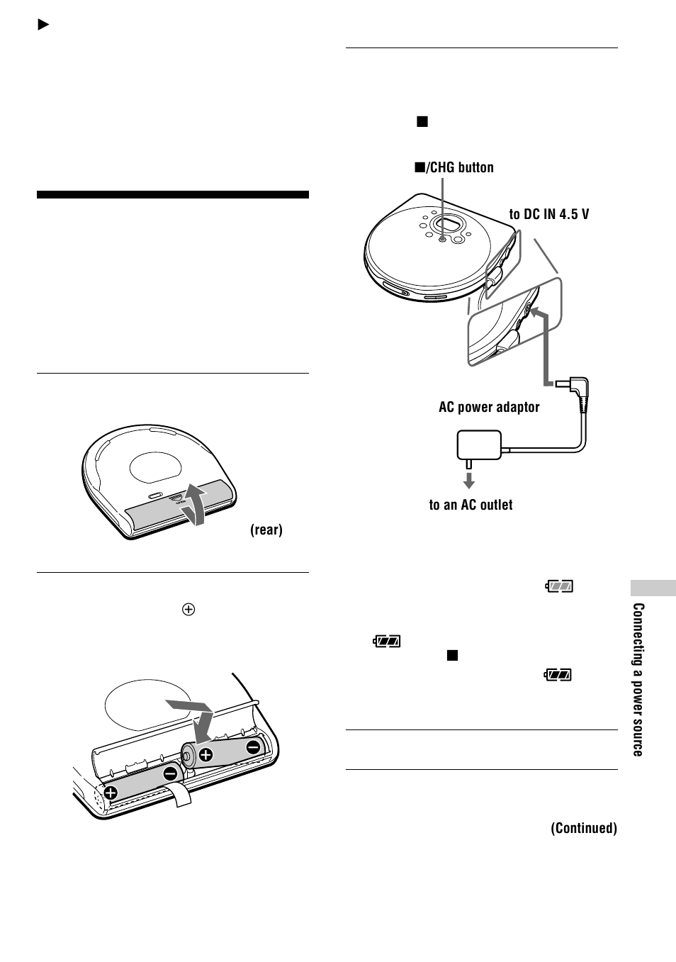 Connecting a power source, Using the rechargeable batteries | Sony CD Walkman D-FJ75TR User Manual | Page 23 / 32