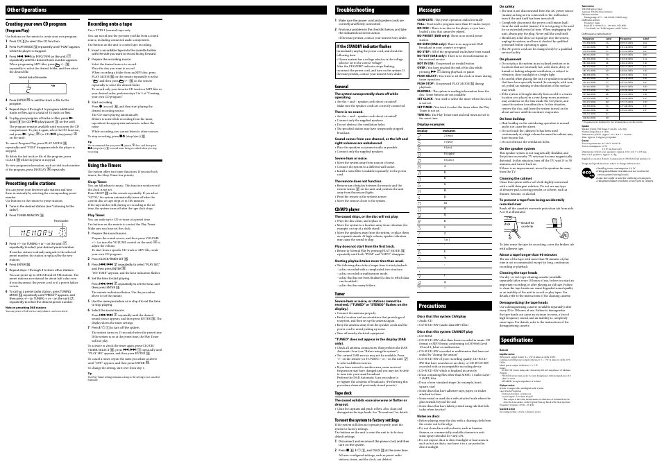 Other operations, Troubleshooting messages, Precautions | Specifications | Sony CMT-EH20DAB User Manual | Page 2 / 2