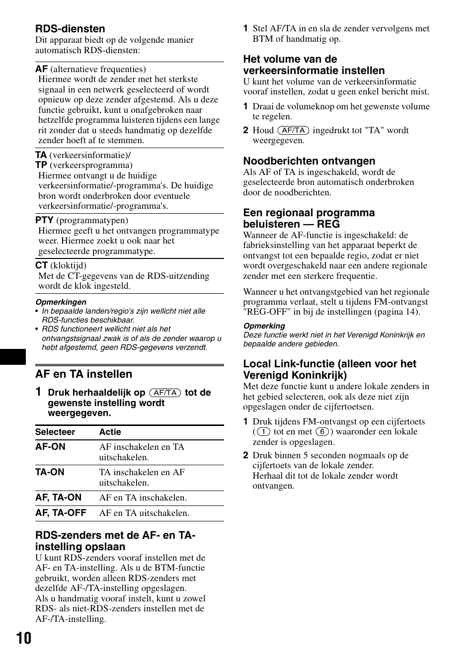 Af en ta instellen, S 10 | Sony ATRAC AD CDX-GT610U User Manual | Page 100 / 116