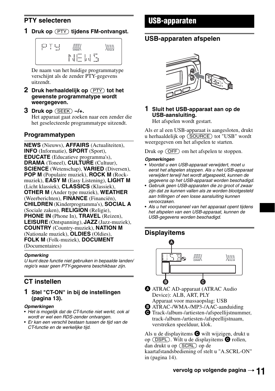 Pty selecteren, Ct instellen, Usb-apparaten | Usb-apparaten afspelen, Displayitems, Pty selecteren ct instellen, Usb-apparaten afspelen displayitems, Ing 11 | Sony ATRAC AD CDX-GT610U User Manual | Page 101 / 116