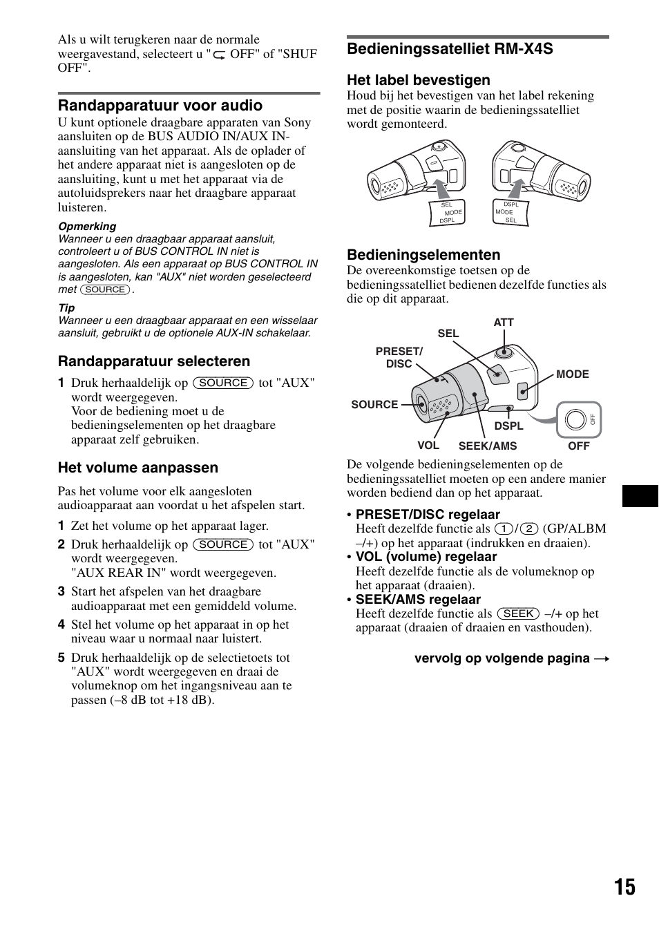 Randapparatuur voor audio, Bedieningssatelliet rm-x4s, Randapparatuur selecteren | Het volume aanpassen, Het label bevestigen, Bedieningselementen | Sony ATRAC AD CDX-GT610U User Manual | Page 105 / 116