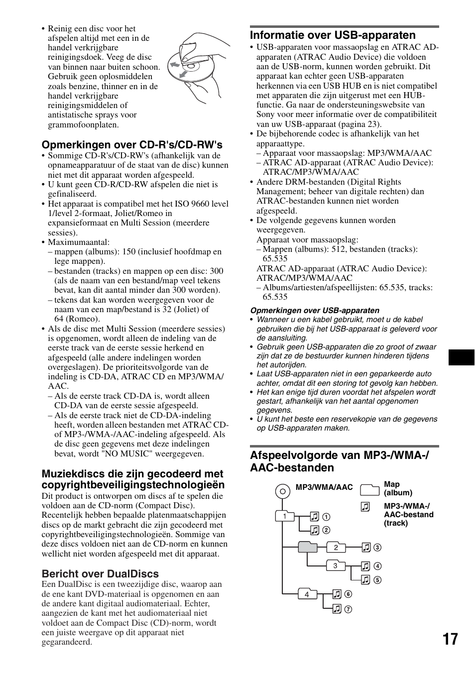 Informatie over usb-apparaten, Afspeelvolgorde van mp3-/wma-/ aac-bestanden, Informatie over usb-apparaten afspeelvolgorde van | Mp3-/wma-/aac-bestanden, Opmerkingen over cd-r's/cd-rw's, Bericht over dualdiscs | Sony ATRAC AD CDX-GT610U User Manual | Page 107 / 116