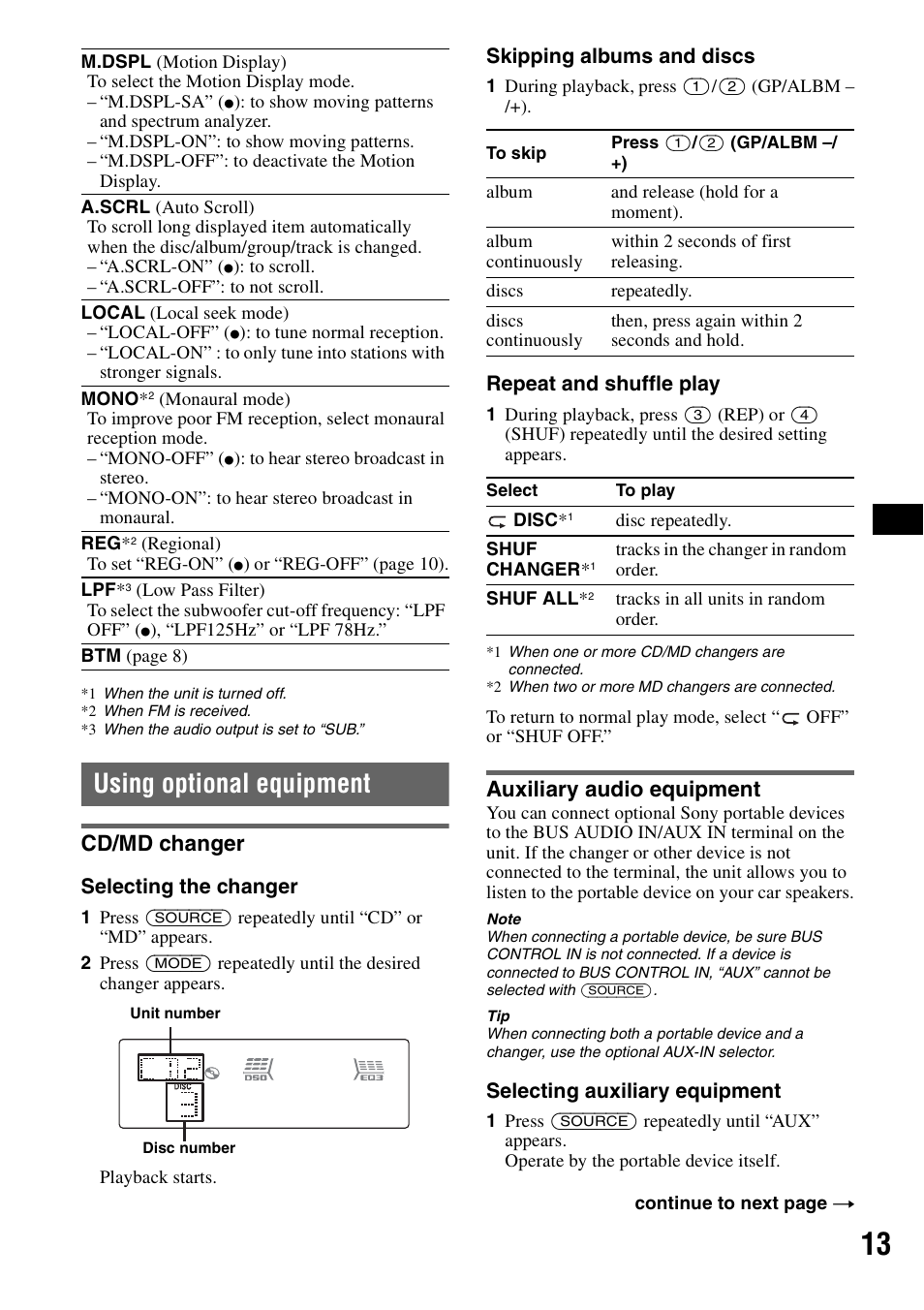 Using optional equipment, Cd/md changer, Auxiliary audio equipment | Cd/md changer auxiliary audio equipment | Sony ATRAC AD CDX-GT610U User Manual | Page 13 / 116