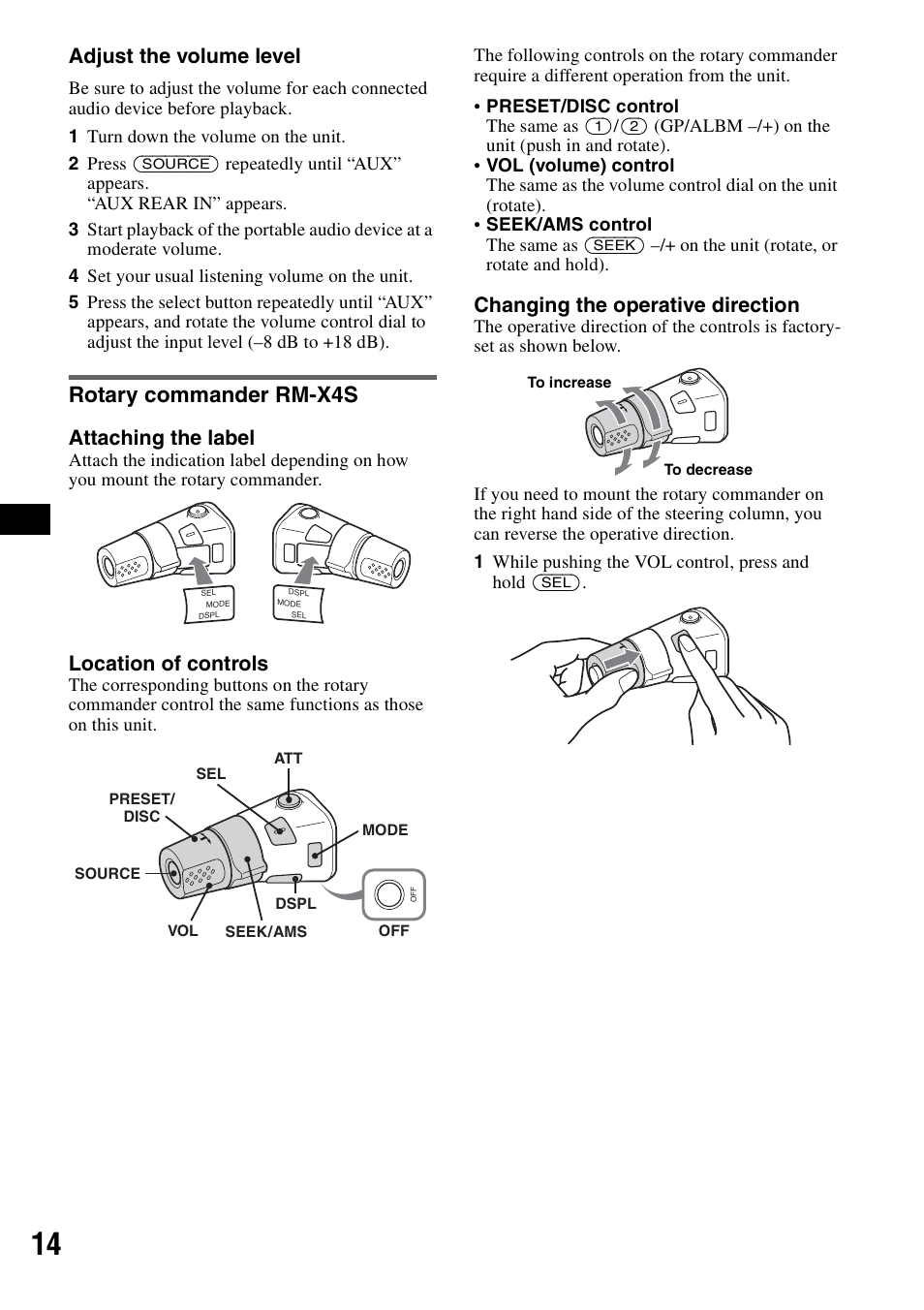 Rotary commander rm-x4s, Adjust the volume level, Attaching the label | Location of controls, Changing the operative direction | Sony ATRAC AD CDX-GT610U User Manual | Page 14 / 116