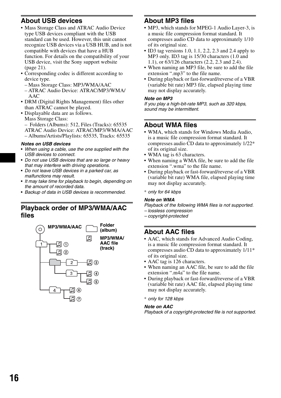 About usb devices, Playback order of mp3/wma/aac files, About mp3 files | About wma files, About aac files, About usb devices playback order of mp3/wma | Sony ATRAC AD CDX-GT610U User Manual | Page 16 / 116