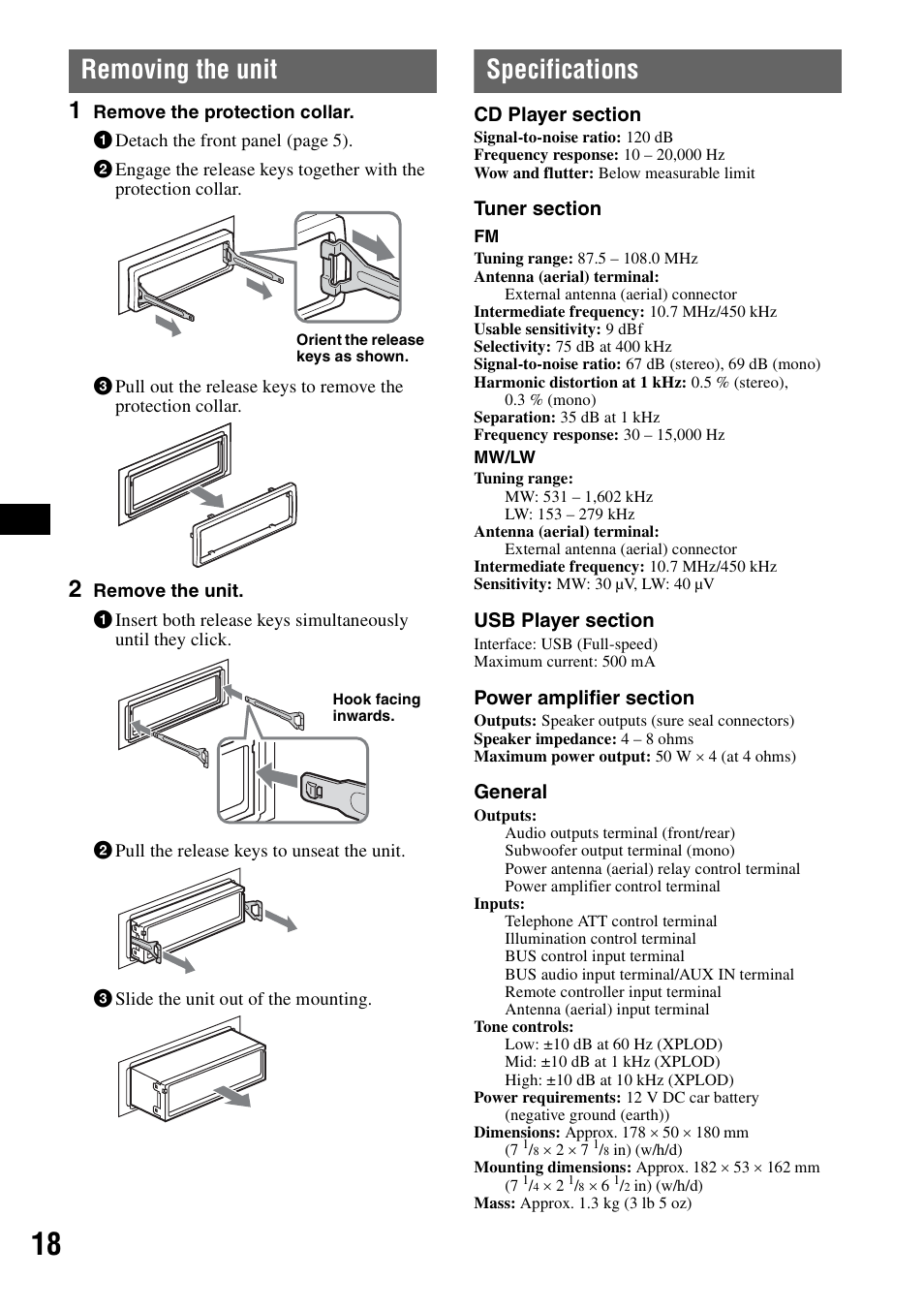 Removing the unit, Specifications, Removing the unit specifications | Sony ATRAC AD CDX-GT610U User Manual | Page 18 / 116