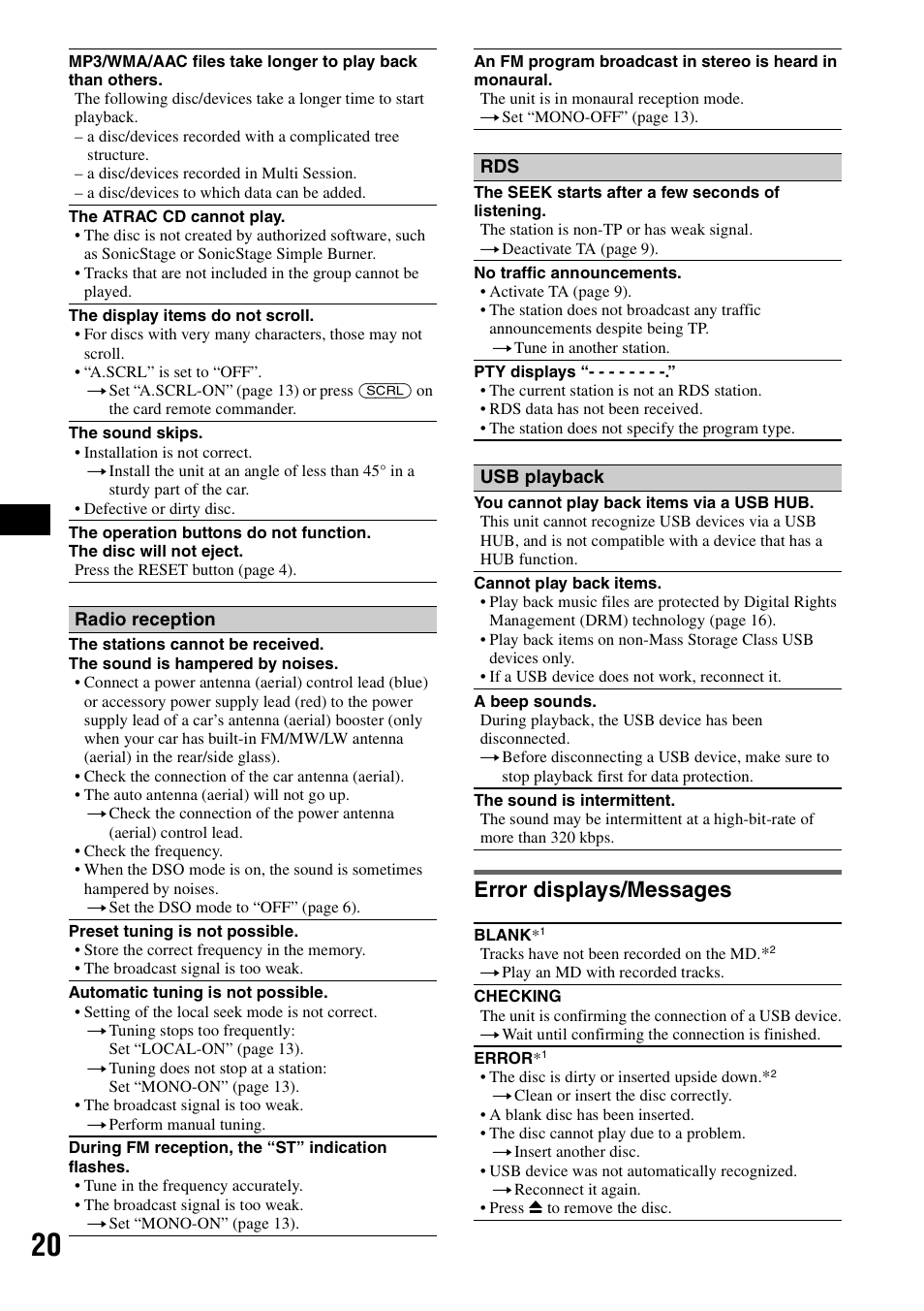 Error displays/messages | Sony ATRAC AD CDX-GT610U User Manual | Page 20 / 116