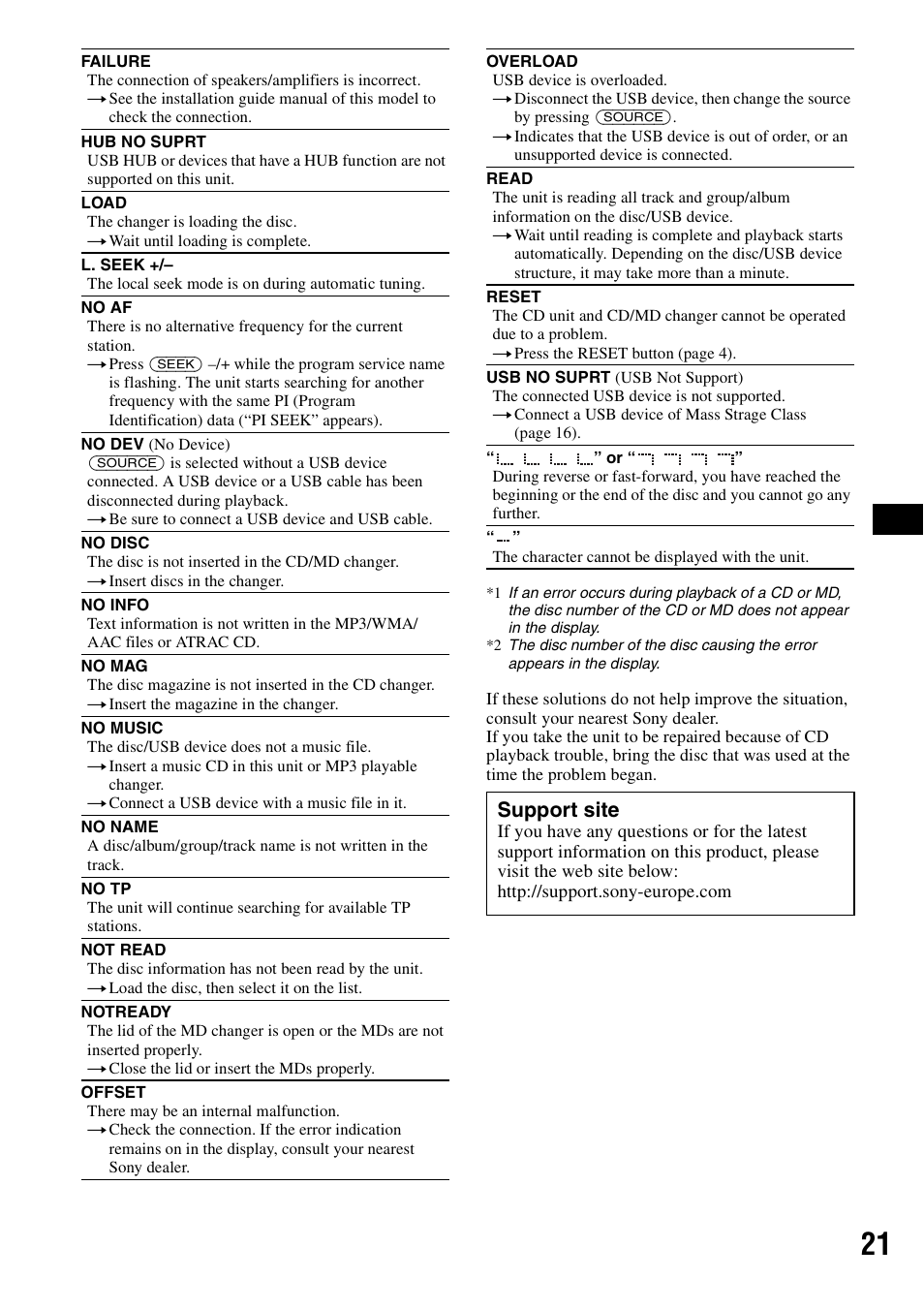 Support site | Sony ATRAC AD CDX-GT610U User Manual | Page 21 / 116