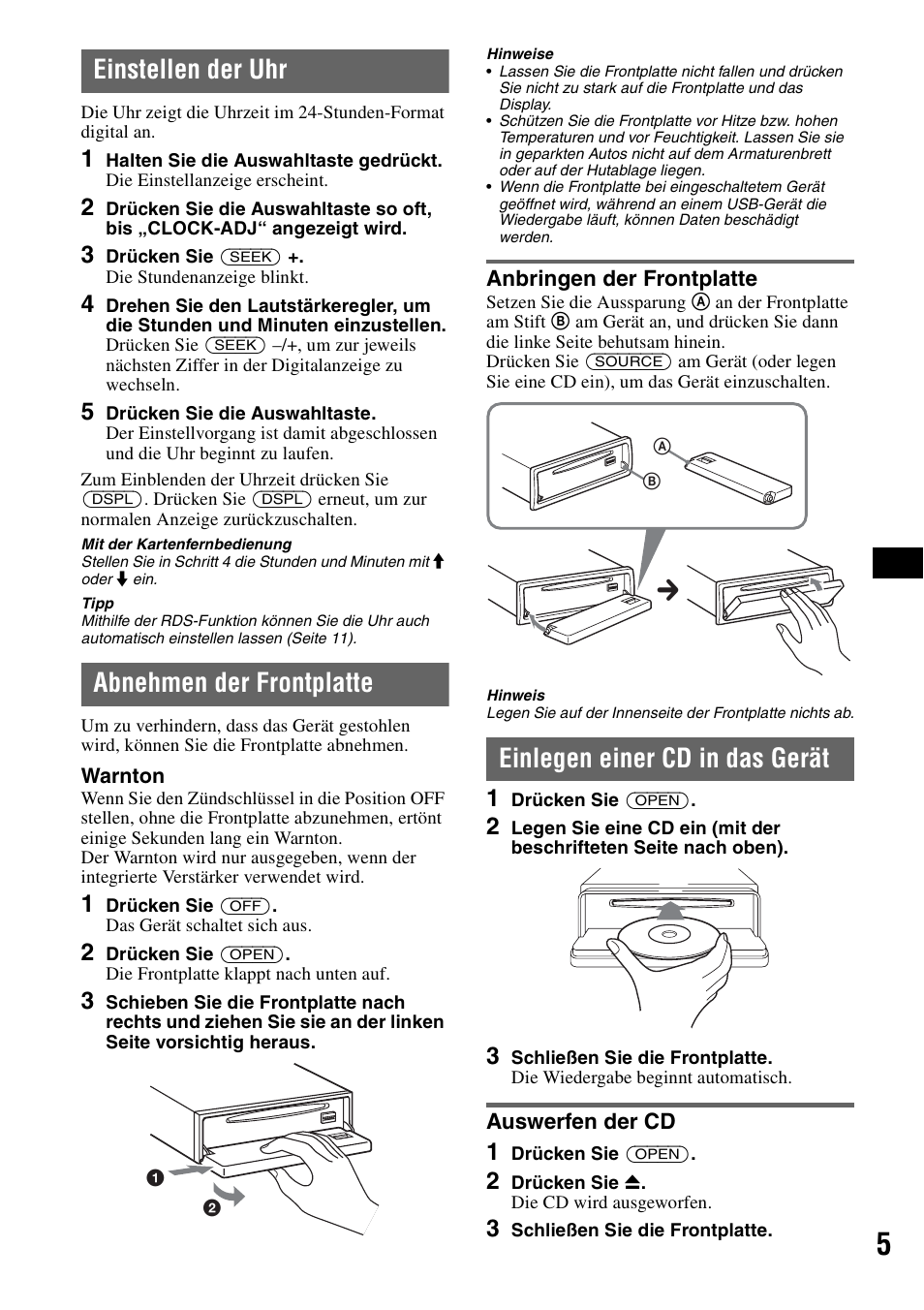 Einstellen der uhr, Abnehmen der frontplatte, Anbringen der frontplatte | Einlegen einer cd in das gerät, Auswerfen der cd, Einstellen der uhr abnehmen der frontplatte | Sony ATRAC AD CDX-GT610U User Manual | Page 25 / 116