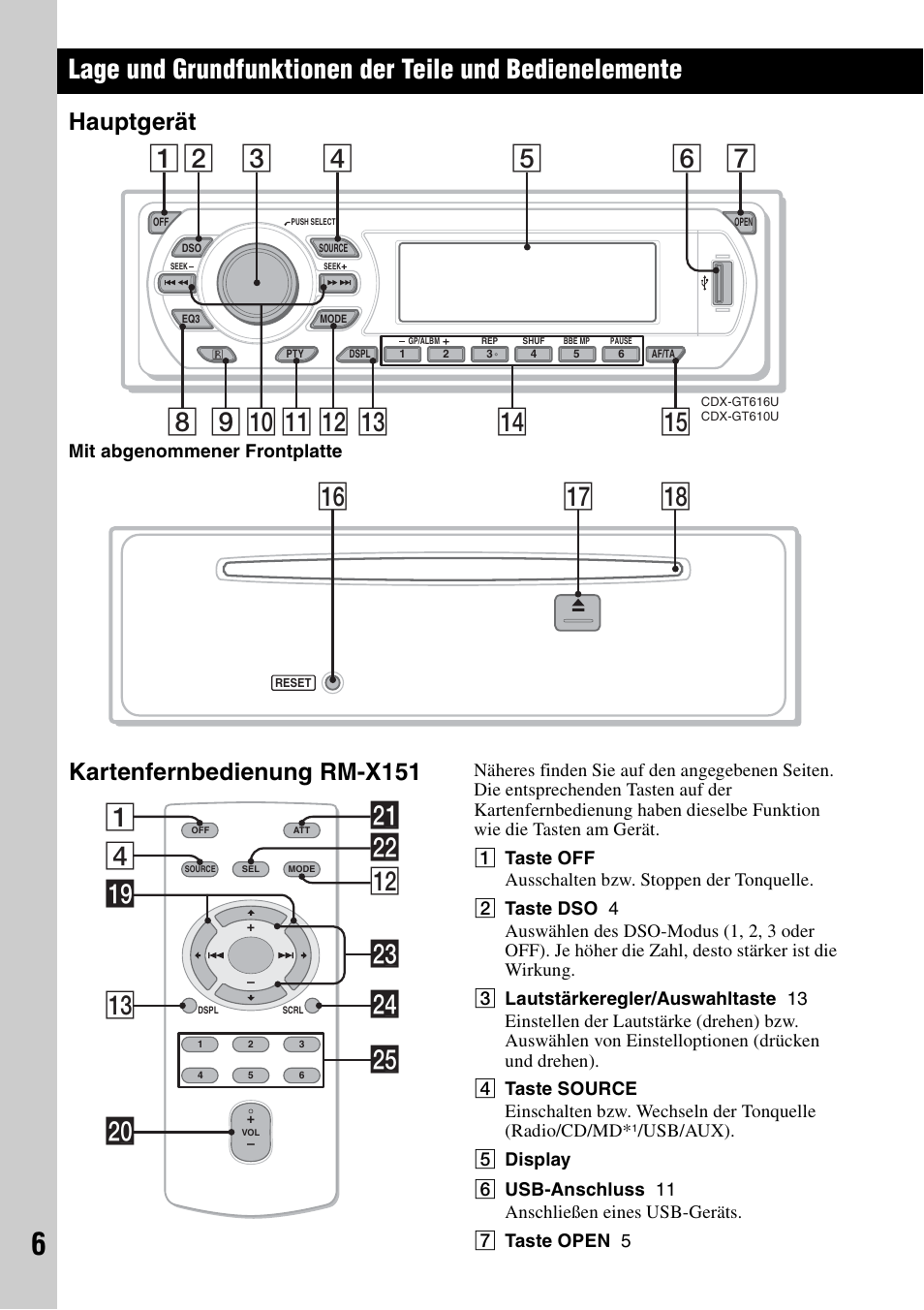 Hauptgerät, Kartenfernbedienung rm-x151, Hauptgerät kartenfernbedienung rm-x151 | Qj qk qh, 4ws qs 1 ql qd wa w; wg wd wf | Sony ATRAC AD CDX-GT610U User Manual | Page 26 / 116