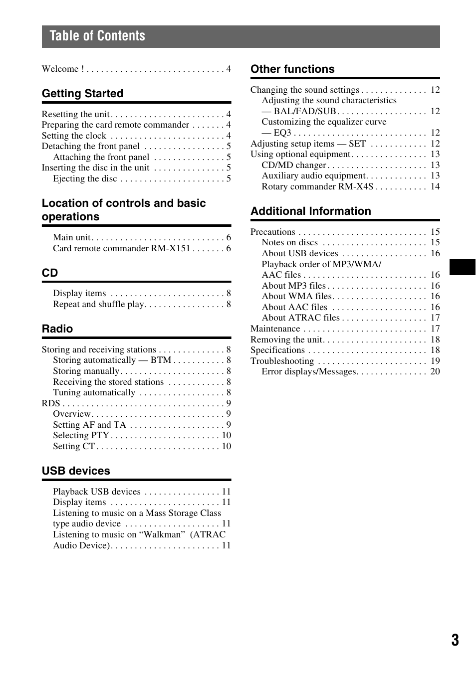 Sony ATRAC AD CDX-GT610U User Manual | Page 3 / 116