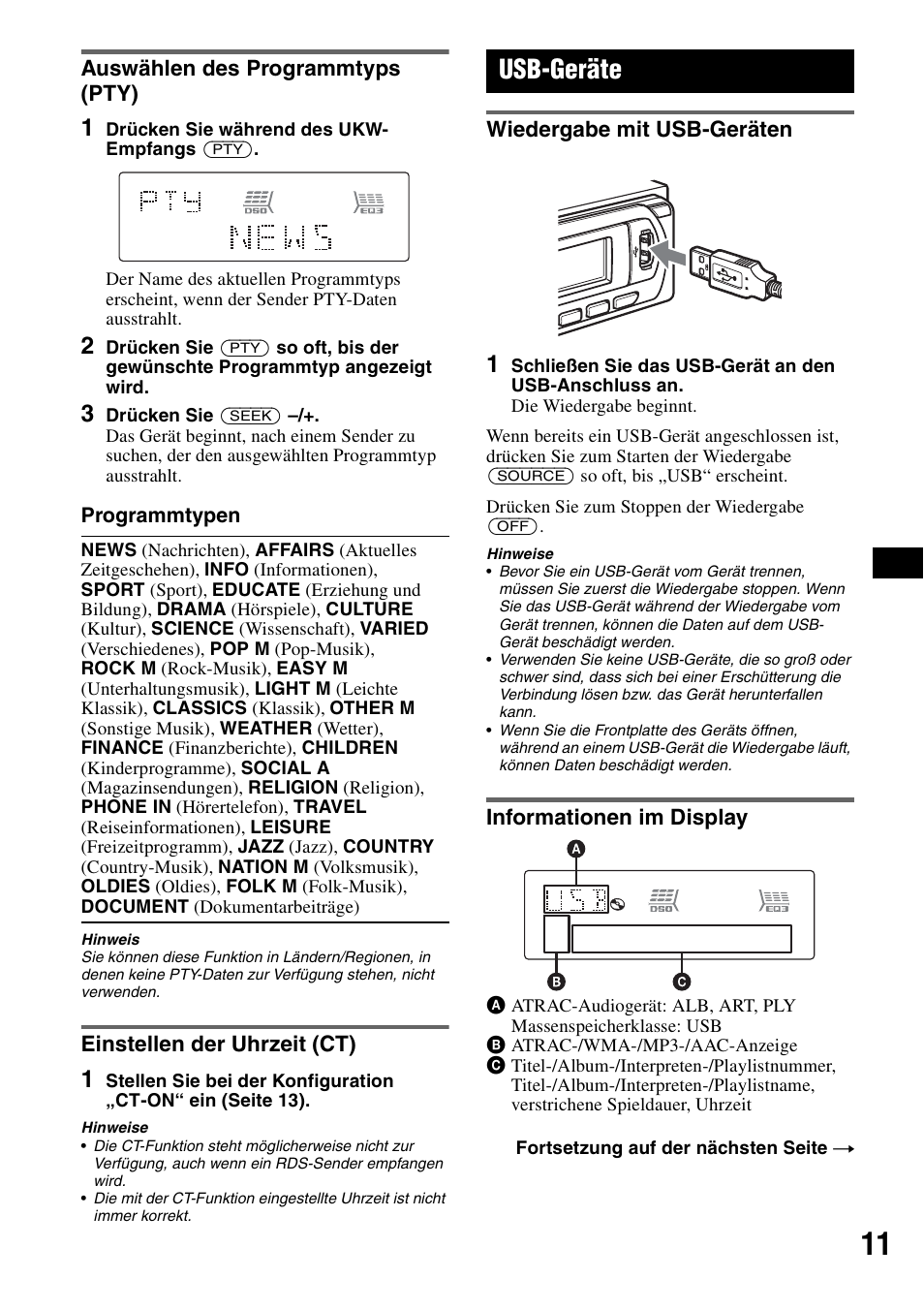 Auswählen des programmtyps (pty), Einstellen der uhrzeit (ct), Usb-geräte | Wiedergabe mit usb-geräten, Informationen im display | Sony ATRAC AD CDX-GT610U User Manual | Page 31 / 116