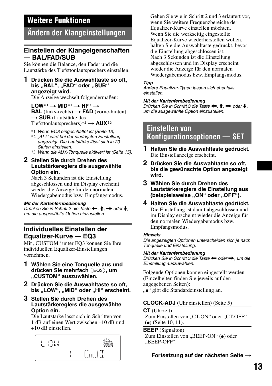 Weitere funktionen, Ändern der klangeinstellungen, Einstellen der klangeigenschaften - bal/fad/sub | Individuelles einstellen der equalizer-kurve - eq3, Einstellen von konfigurationsoptionen - set, Einstellen der klangeigenschaften, Einstellen von konfigurationsoptionen, Weitere funktionen ändern der klangeinstellungen, Einstellen von konfigurationsoptionen — set, Einstellen der klangeigenschaften — bal/fad/sub | Sony ATRAC AD CDX-GT610U User Manual | Page 33 / 116