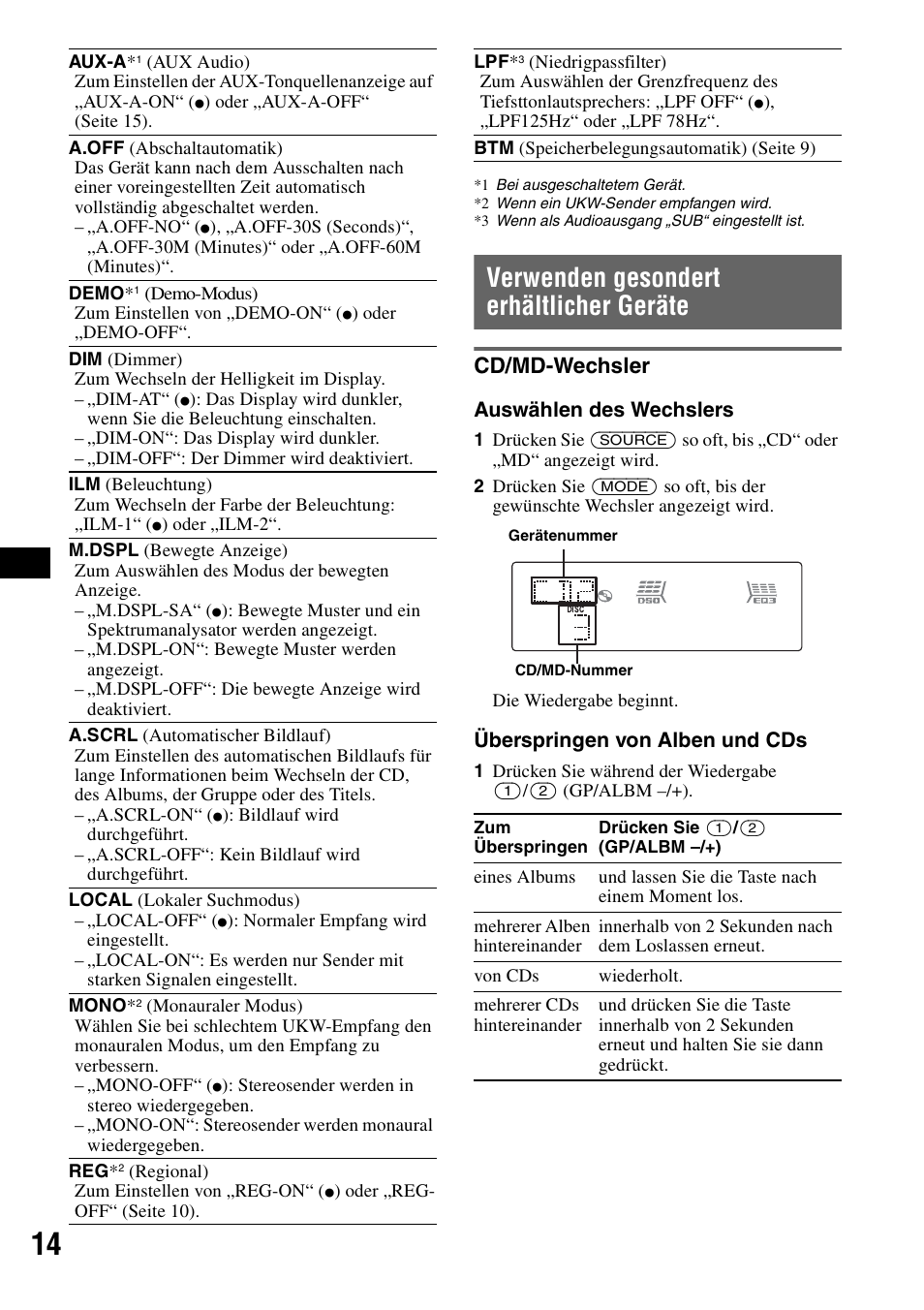 Verwenden gesondert erhältlicher geräte, Cd/md-wechsler, F seite 14 | Seite 14) | Sony ATRAC AD CDX-GT610U User Manual | Page 34 / 116