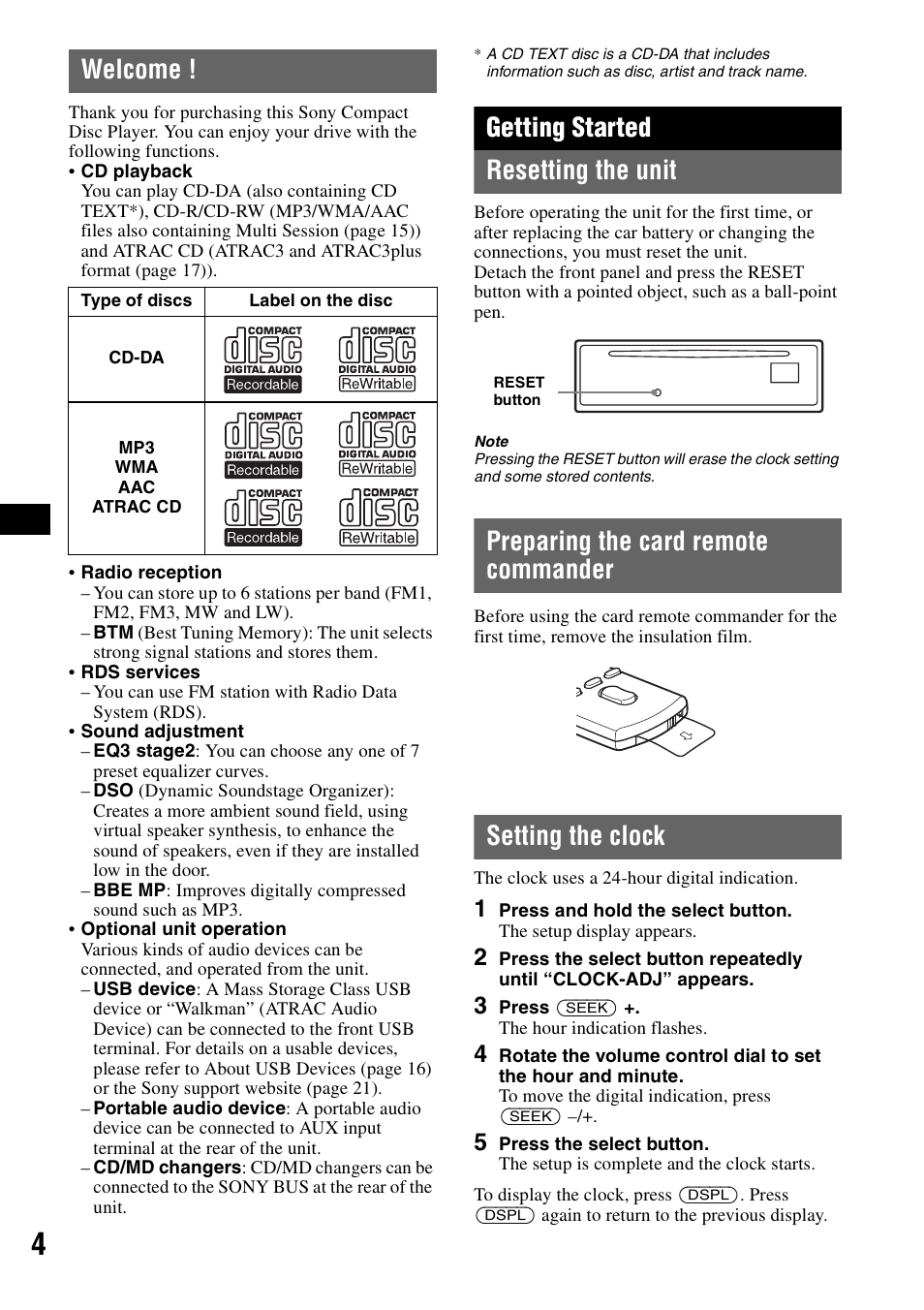 Welcome, Getting started, Resetting the unit | Preparing the card remote commander, Setting the clock, Getting started resetting the unit | Sony ATRAC AD CDX-GT610U User Manual | Page 4 / 116