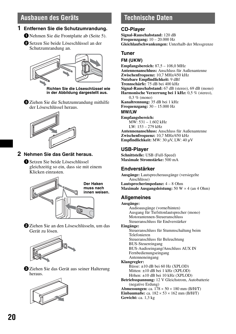 Ausbauen des geräts, Technische daten, Ausbauen des geräts technische daten | Sony ATRAC AD CDX-GT610U User Manual | Page 40 / 116