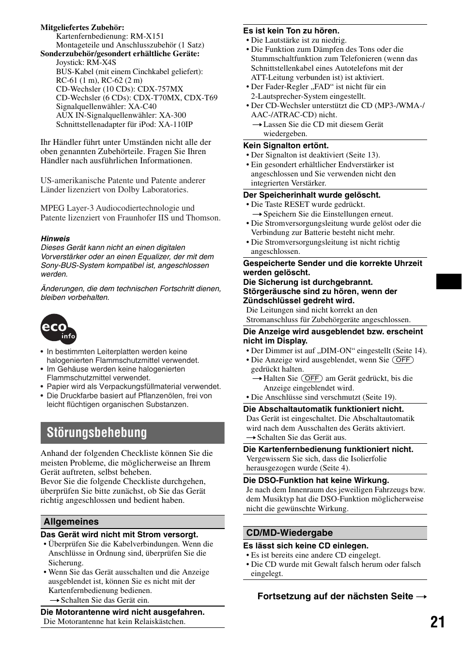 Störungsbehebung | Sony ATRAC AD CDX-GT610U User Manual | Page 41 / 116