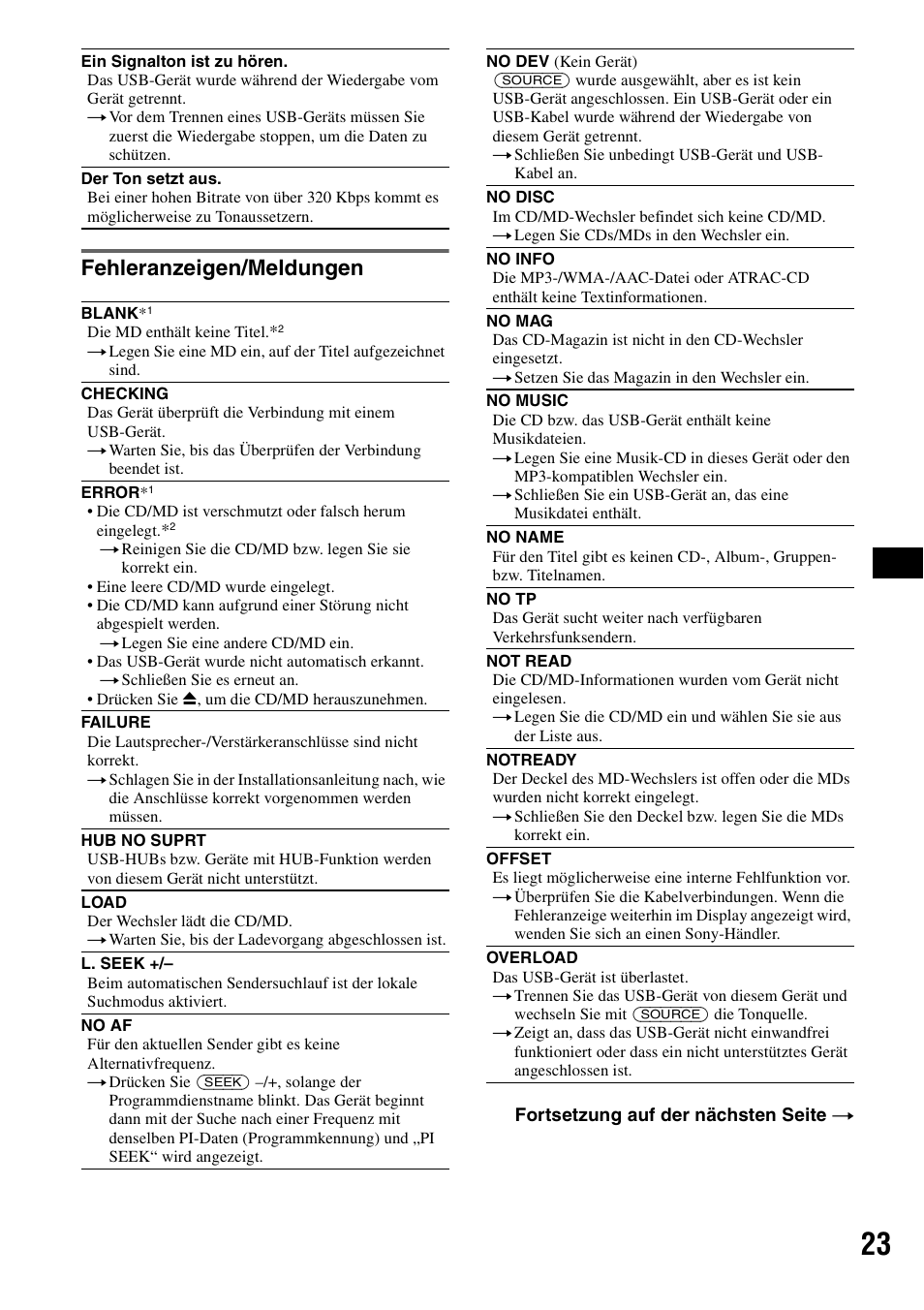 Fehleranzeigen/meldungen | Sony ATRAC AD CDX-GT610U User Manual | Page 43 / 116