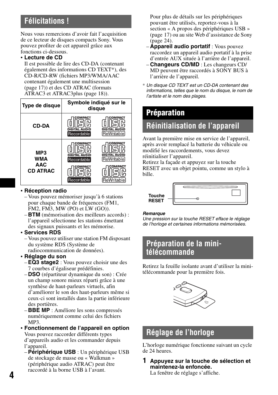 Félicitations, Préparation, Réinitialisation de l’appareil | Préparation de la mini- télécommande, Réglage de l’horloge, Préparation réinitialisation de l’appareil | Sony ATRAC AD CDX-GT610U User Manual | Page 48 / 116