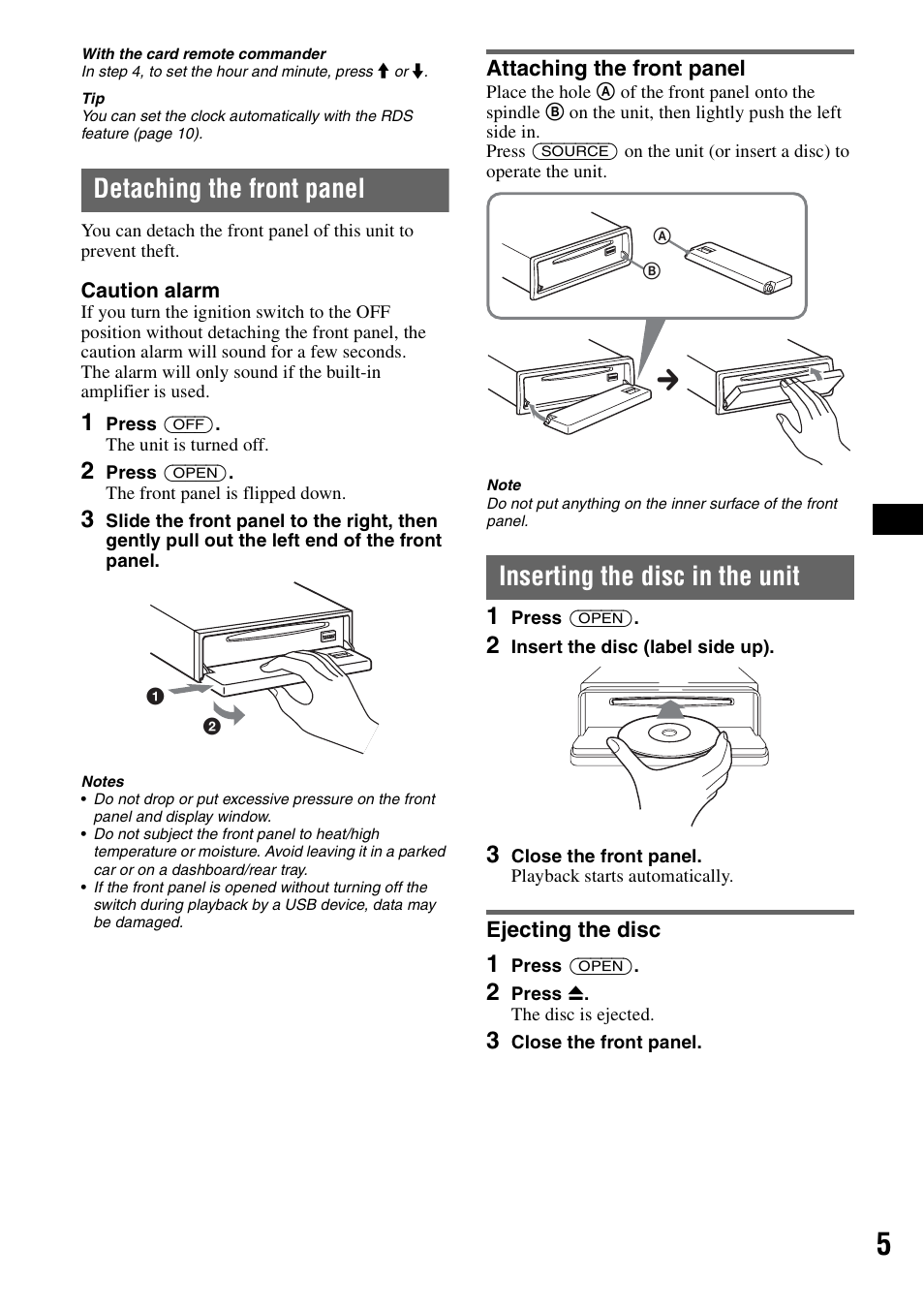 Detaching the front panel, Attaching the front panel, Inserting the disc in the unit | Ejecting the disc | Sony ATRAC AD CDX-GT610U User Manual | Page 5 / 116