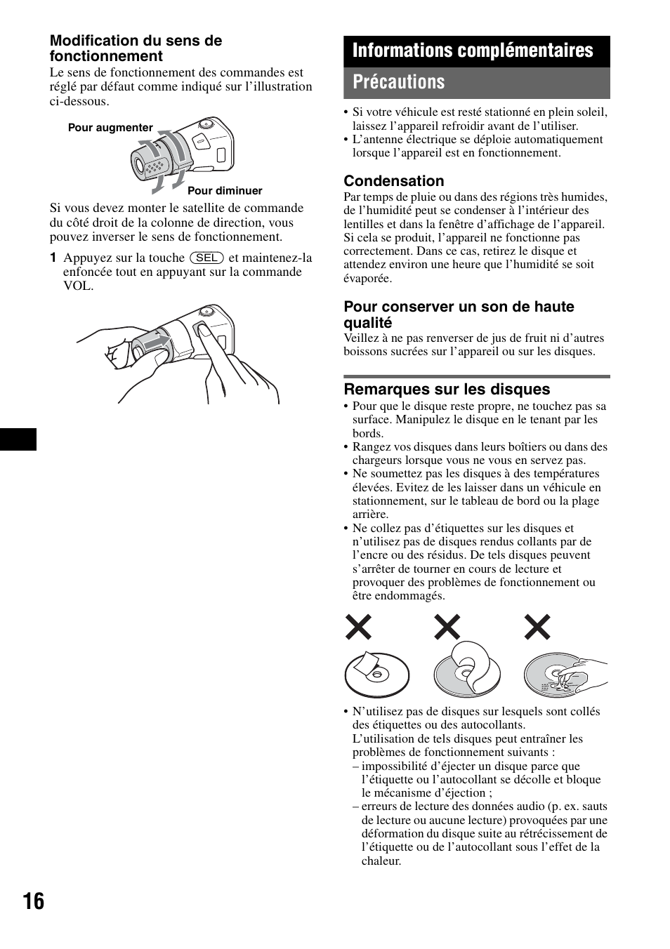 Informations complémentaires, Précautions, Remarques sur les disques | Informations complémentaires précautions | Sony ATRAC AD CDX-GT610U User Manual | Page 60 / 116