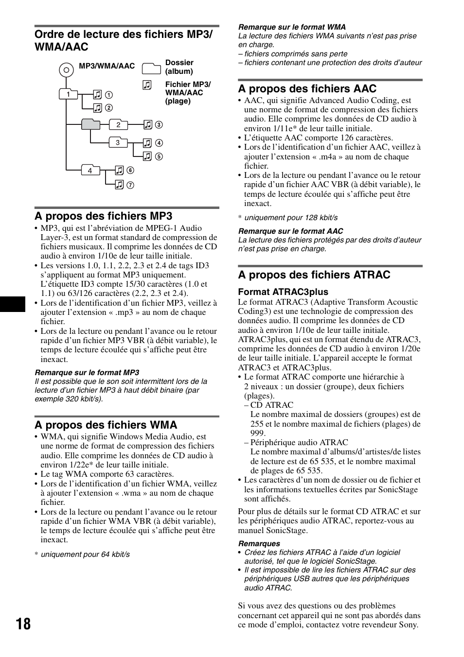 Ordre de lecture des fichiers mp3/ wma/aac, A propos des fichiers mp3, A propos des fichiers wma | A propos des fichiers aac, A propos des fichiers atrac, Ordre de lecture des fichiers | Sony ATRAC AD CDX-GT610U User Manual | Page 62 / 116
