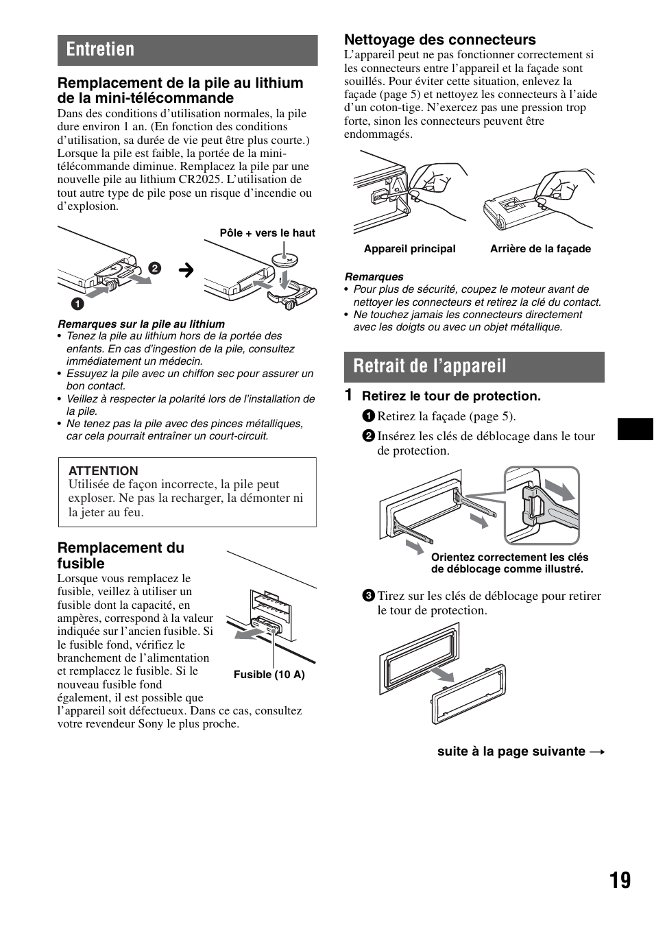 Entretien, Retrait de l’appareil, Entretien retrait de l’appareil | Sony ATRAC AD CDX-GT610U User Manual | Page 63 / 116