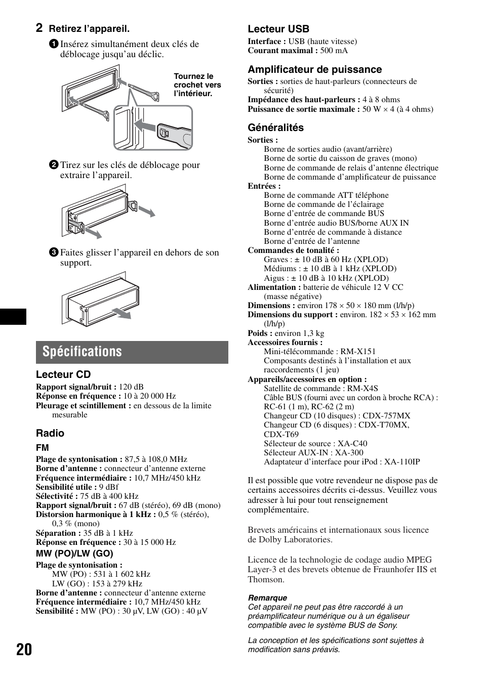 Spécifications | Sony ATRAC AD CDX-GT610U User Manual | Page 64 / 116