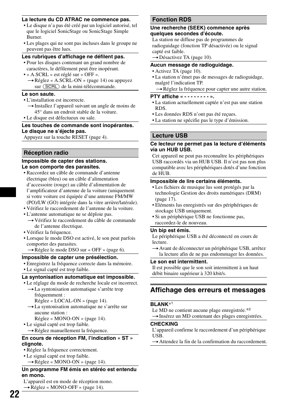 Affichage des erreurs et messages | Sony ATRAC AD CDX-GT610U User Manual | Page 66 / 116
