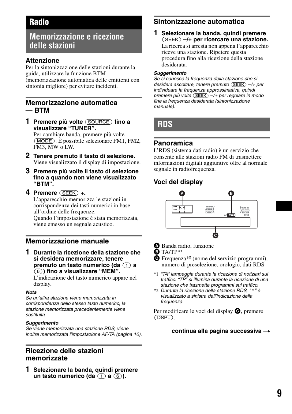 Radio, Memorizzazione e ricezione delle stazioni, Memorizzazione automatica - btm | Memorizzazione manuale, Ricezione delle stazioni memorizzate, Sintonizzazione automatica, Panoramica, Memorizzazione automatica | Sony ATRAC AD CDX-GT610U User Manual | Page 77 / 116