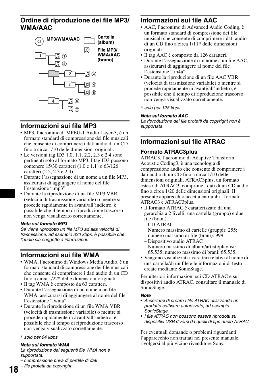 Ordine di riproduzione dei file mp3/ wma/aac, Informazioni sui file mp3, Informazioni sui file wma | Informazioni sui file aac, Informazioni sui file atrac, Ordine di riproduzione dei file | Sony ATRAC AD CDX-GT610U User Manual | Page 86 / 116