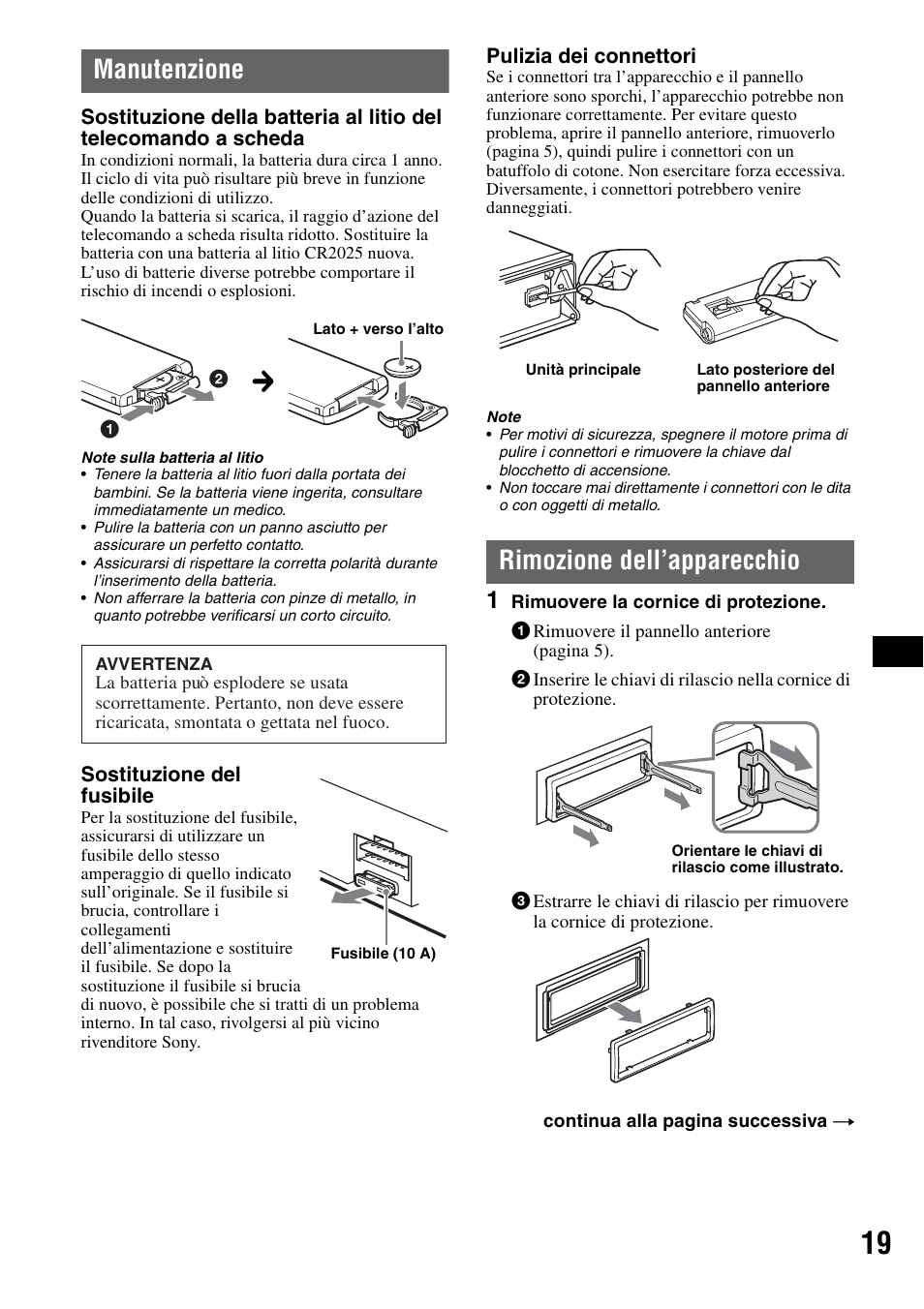 Manutenzione, Rimozione dell’apparecchio, Manutenzione rimozione dell’apparecchio | Sony ATRAC AD CDX-GT610U User Manual | Page 87 / 116
