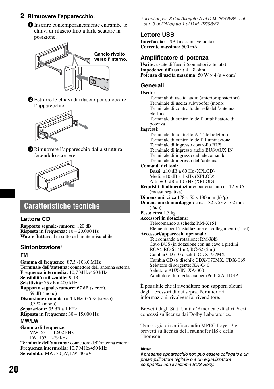 Caratteristiche tecniche | Sony ATRAC AD CDX-GT610U User Manual | Page 88 / 116