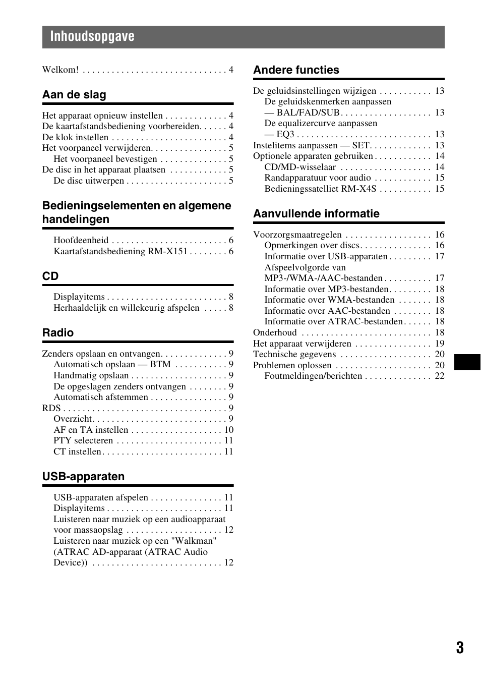 Inhoudsopgave | Sony ATRAC AD CDX-GT610U User Manual | Page 93 / 116