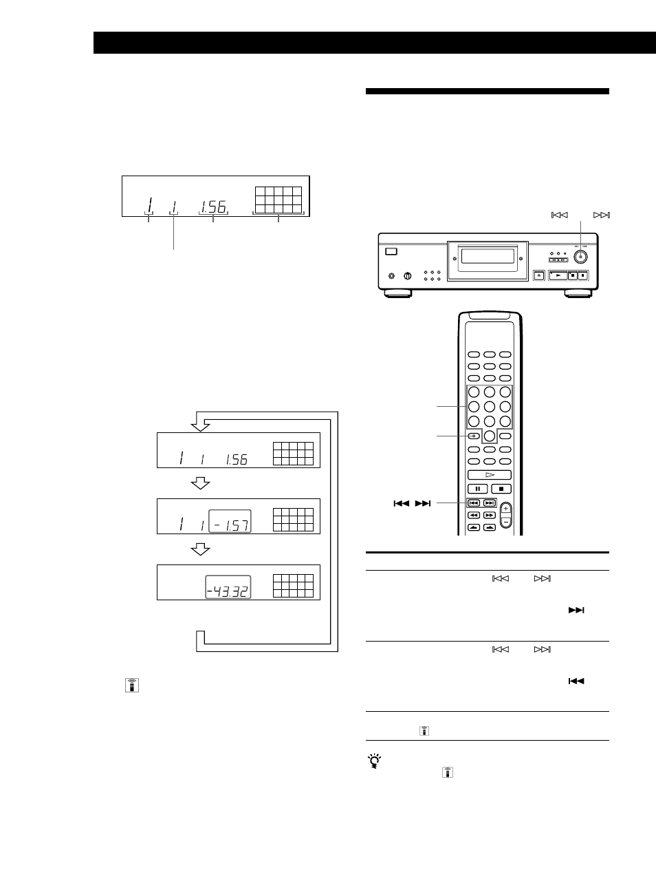 Localización de un tema específico, Reproducción de discos compactos, Comprobación del tiempo restante | Desactivación del calendario musical del visor z, Para localizar, Es necesario | Sony CDP-XA555ES User Manual | Page 58 / 76