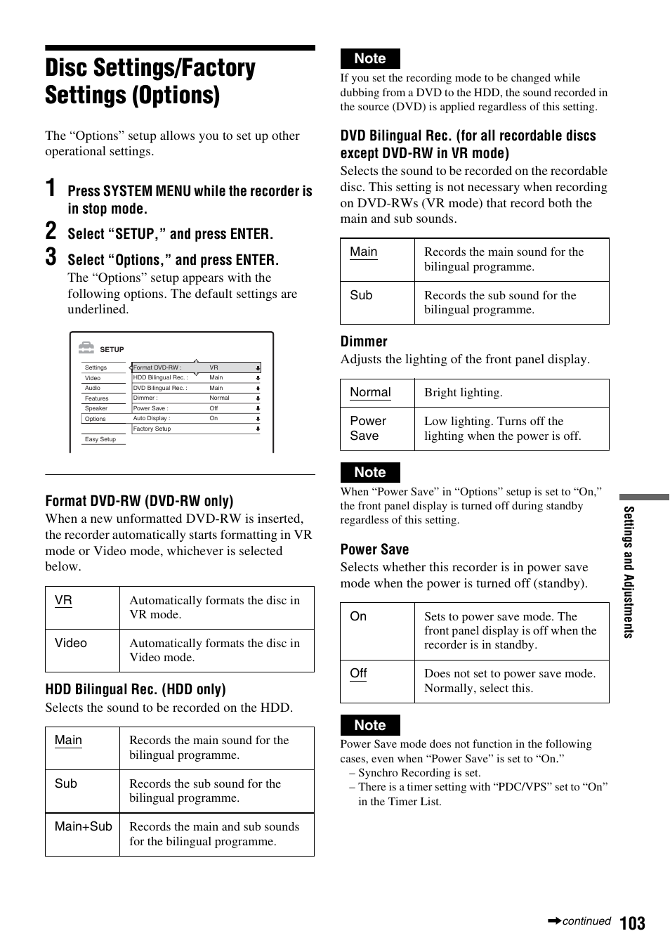 Disc settings/factory settings (options), Select “setup,” and press enter, Select “options,” and press enter | Format dvd-rw (dvd-rw only), Hdd bilingual rec. (hdd only), Dimmer, Power save | Sony DAR-RH7000 User Manual | Page 103 / 536