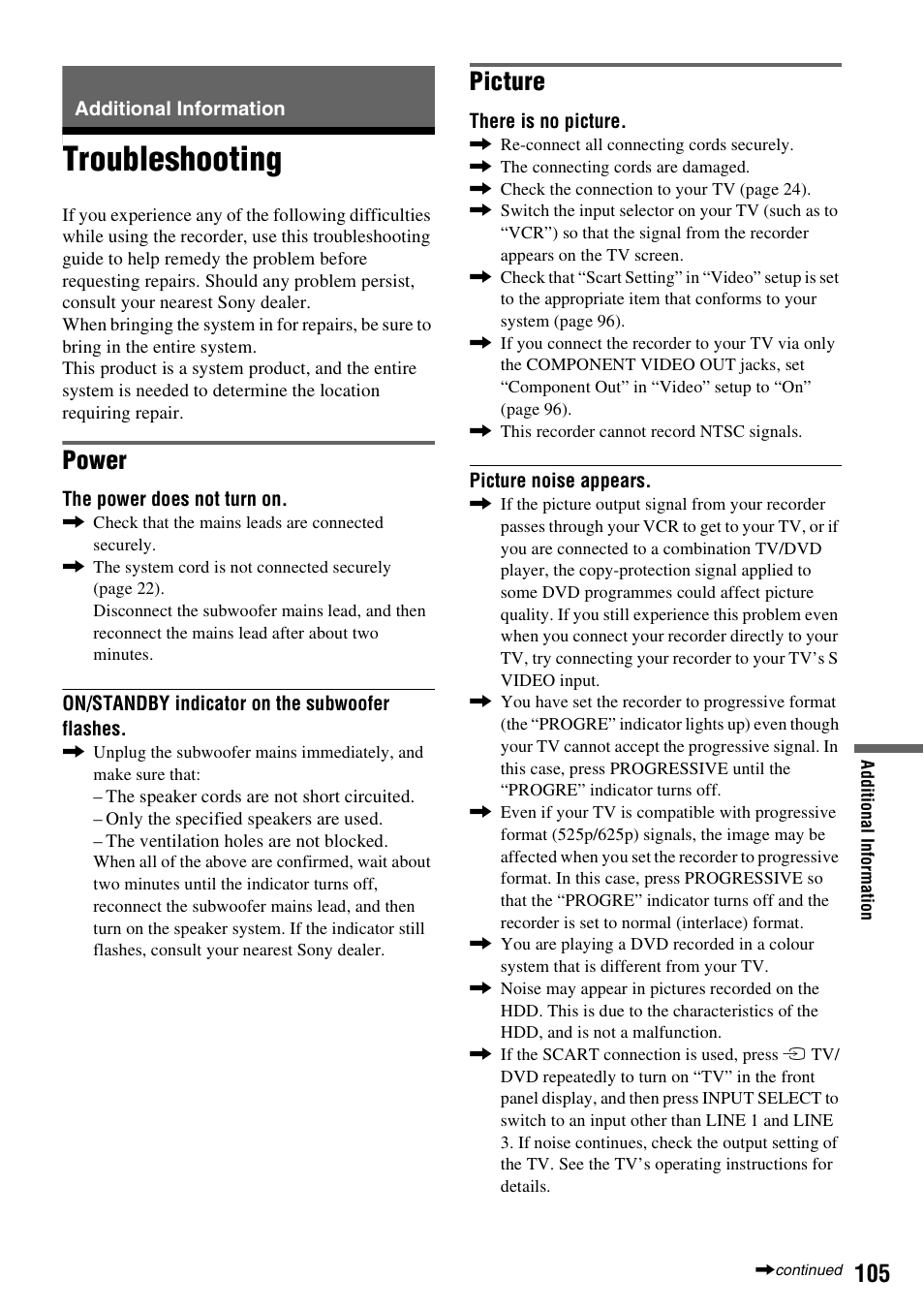 Additional information, Troubleshooting, Power | Picture | Sony DAR-RH7000 User Manual | Page 105 / 536