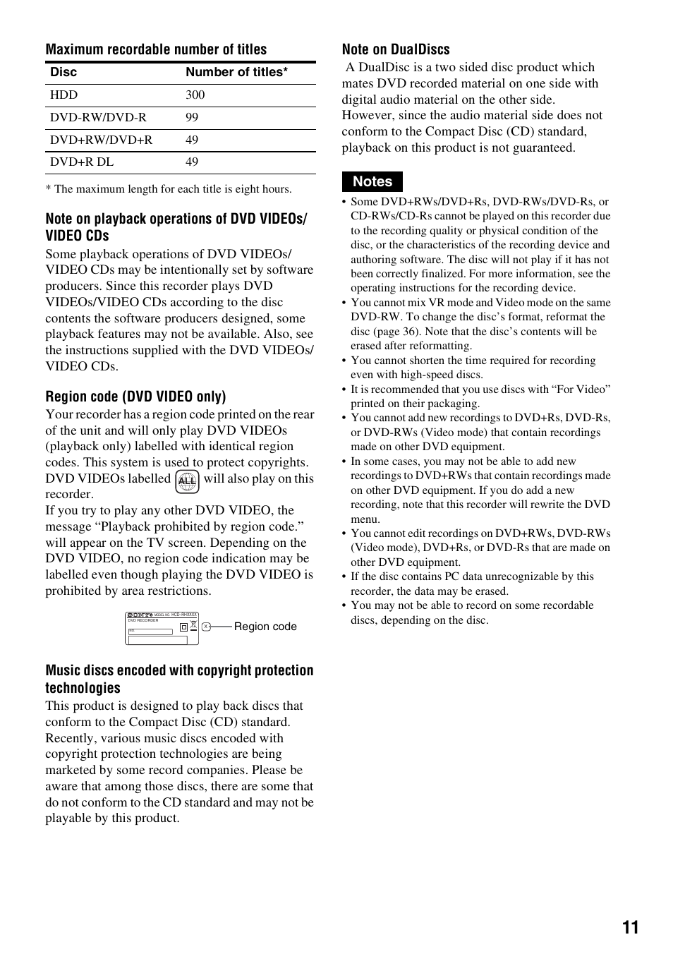 Maximum recordable number of titles, Region code (dvd video only) | Sony DAR-RH7000 User Manual | Page 11 / 536