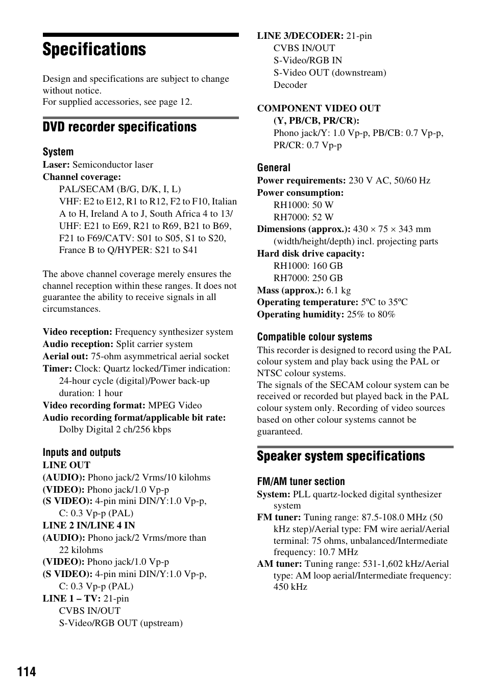 Specifications, Dvd recorder specifications, Speaker system specifications | Sony DAR-RH7000 User Manual | Page 114 / 536