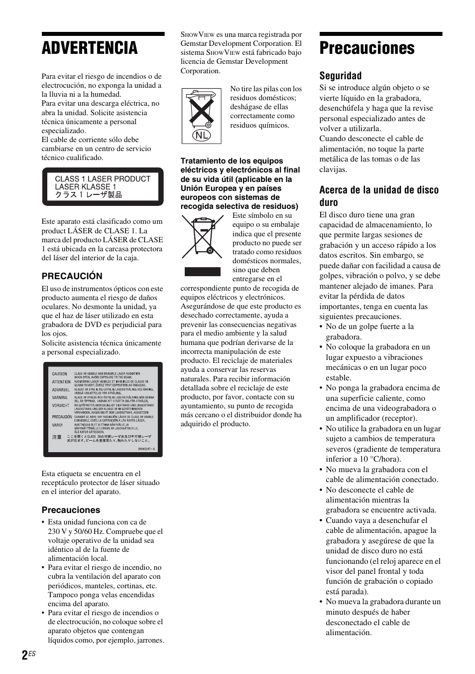 Advertencia, Precauciones, Seguridad | Acerca de la unidad de disco duro | Sony DAR-RH7000 User Manual | Page 128 / 536