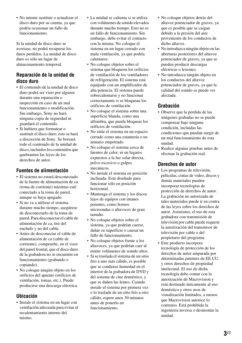 Reparación de la unidad de disco duro, Fuentes de alimentación, Ubicación | Grabación, Derechos de autor | Sony DAR-RH7000 User Manual | Page 129 / 536