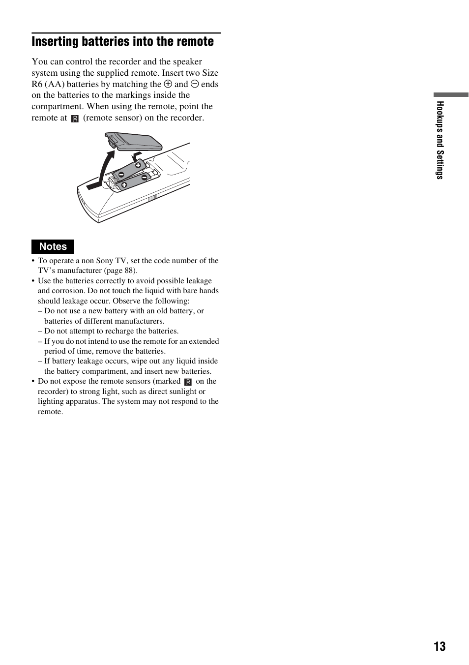 Inserting batteries into the remote | Sony DAR-RH7000 User Manual | Page 13 / 536