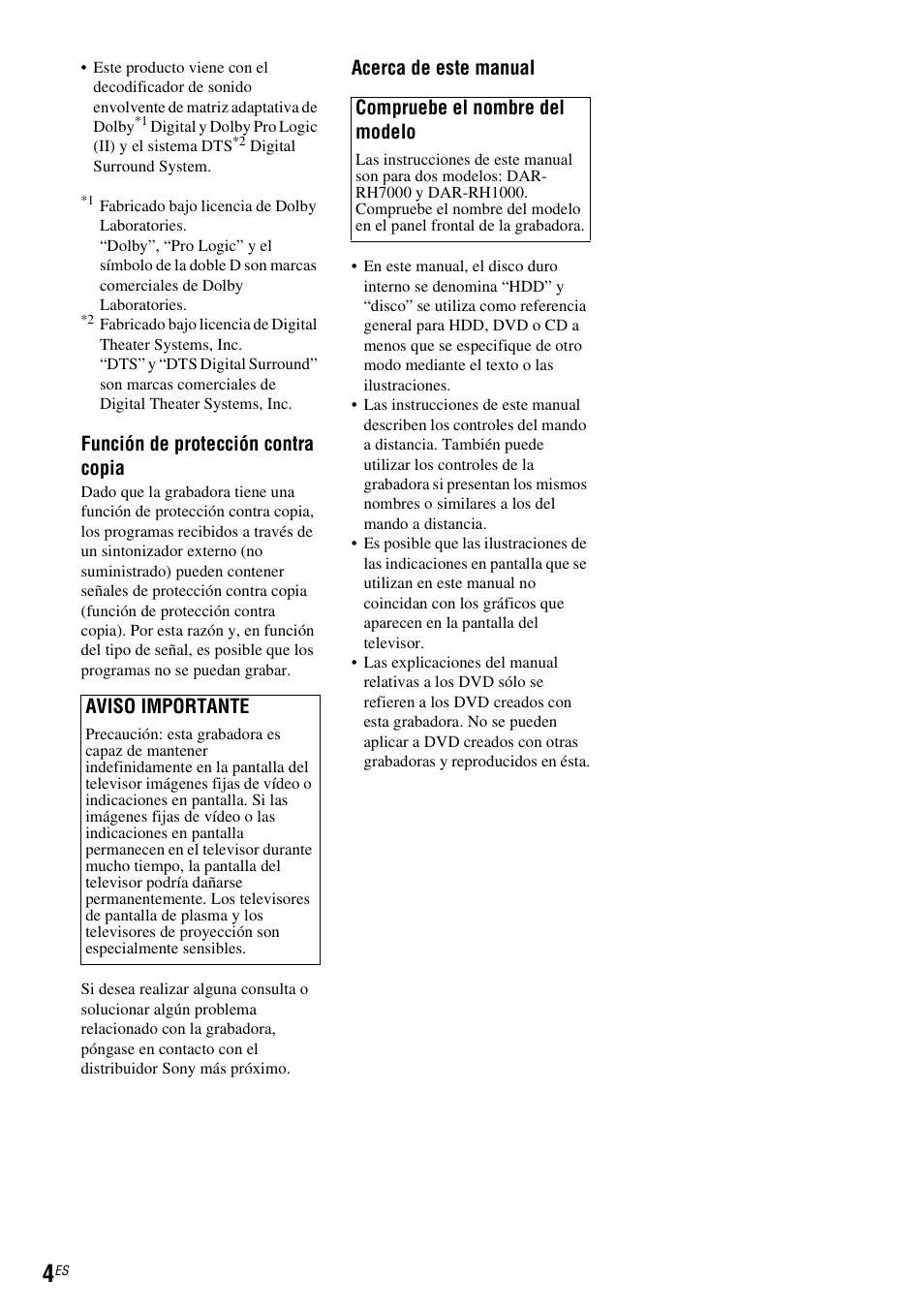 Función de protección contra copia, Acerca de este manual, Aviso importante | Compruebe el nombre del modelo | Sony DAR-RH7000 User Manual | Page 130 / 536