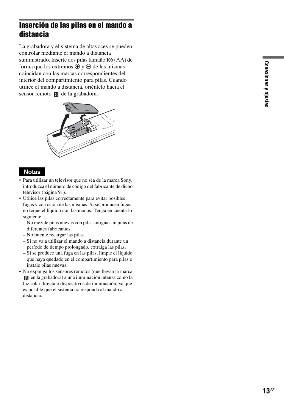 Inserción de las pilas en el mando a distancia | Sony DAR-RH7000 User Manual | Page 139 / 536