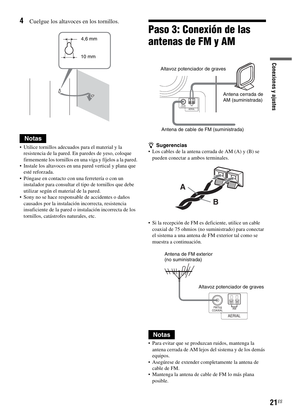 Paso 3: conexión de las antenas de fm y am, Notas, Cuelgue los altavoces en los tornillos | Sony DAR-RH7000 User Manual | Page 147 / 536