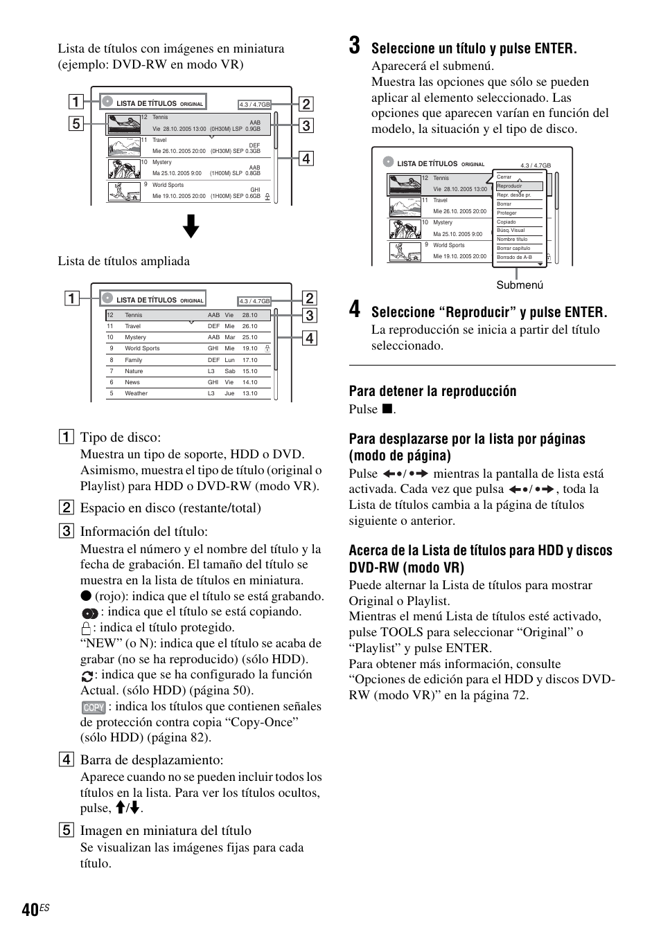 A tipo de disco, D barra de desplazamiento, E imagen en miniatura del título | Seleccione un título y pulse enter, Seleccione “reproducir” y pulse enter, Para detener la reproducción, Se visualizan las imágenes fijas para cada título, Pulse x, Pulse, Submenú | Sony DAR-RH7000 User Manual | Page 166 / 536