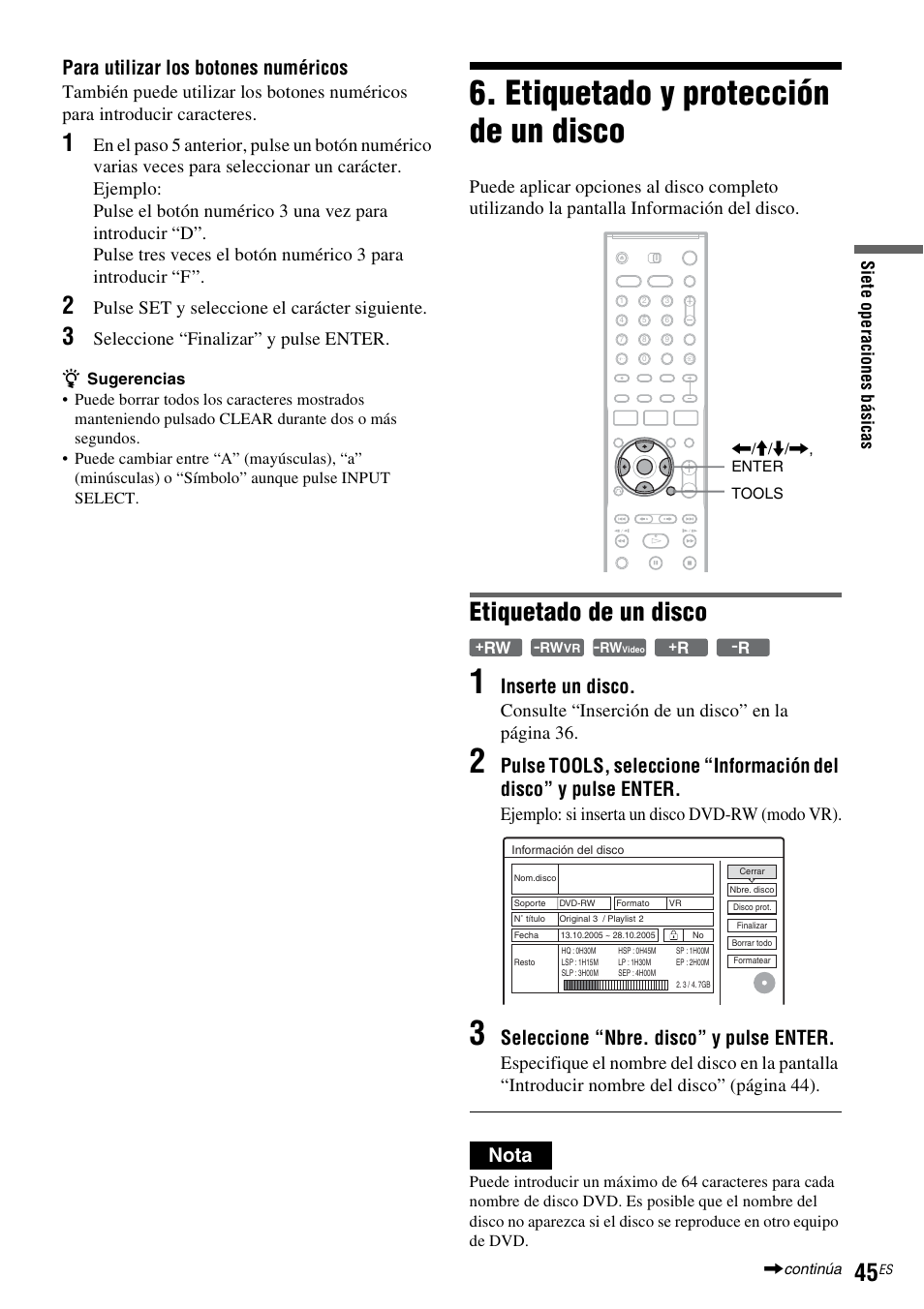 Etiquetado y protección de un disco, Etiquetado de un disco, Para utilizar los botones numéricos | Inserte un disco, Seleccione “nbre. disco” y pulse enter, Nota, Pulse set y seleccione el carácter siguiente, Seleccione “finalizar” y pulse enter, Consulte “inserción de un disco” en la página 36, Ejemplo: si inserta un disco dvd-rw (modo vr) | Sony DAR-RH7000 User Manual | Page 171 / 536
